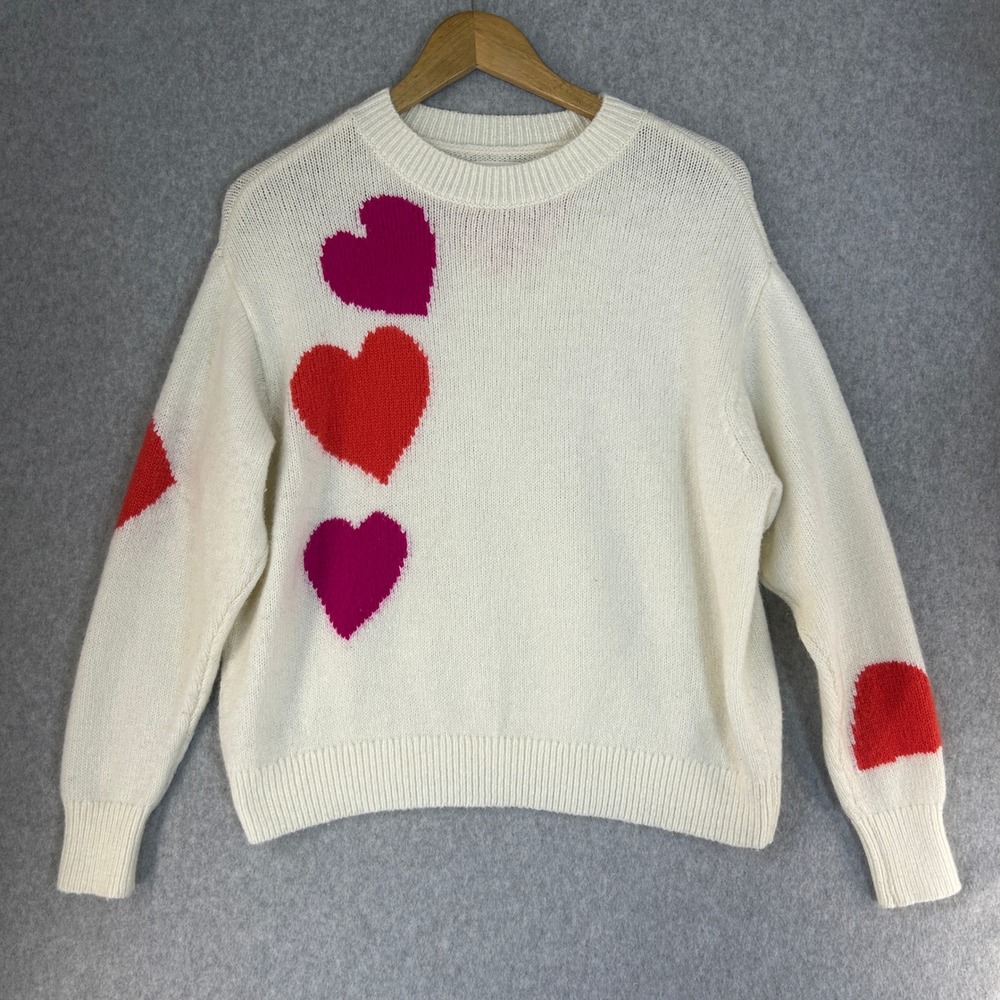 Lou & Grey for LOFT Heart Intarsia Knit Sweater Ivory Red Pink Womens Size Small